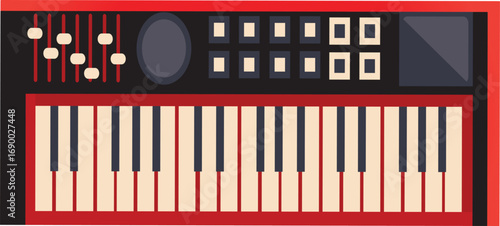 Flat style digital piano with control knobs, sliders, and keys