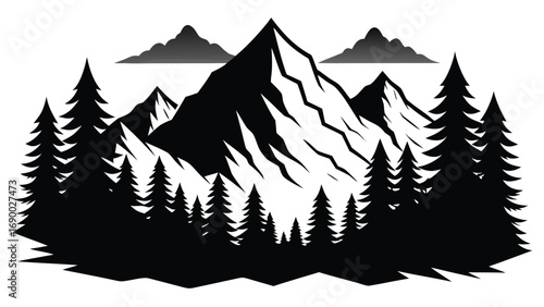 Black and White Silhouette of Mountains and Evergreen Trees with Clouds in the Background