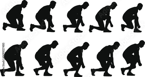 Athlete crouching silhouette, man in ready position, sports preparation concept, fitness exercise illustration, training pose, black silhouette vector design