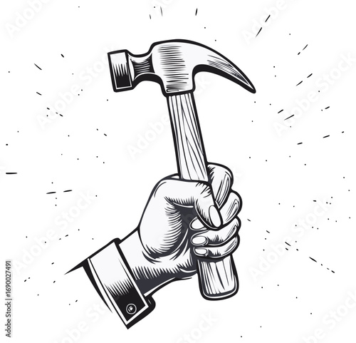 Hand holding hammer Illustration of powerful arm gripping tool. Vector art for strength, construction, labor, and hard work.