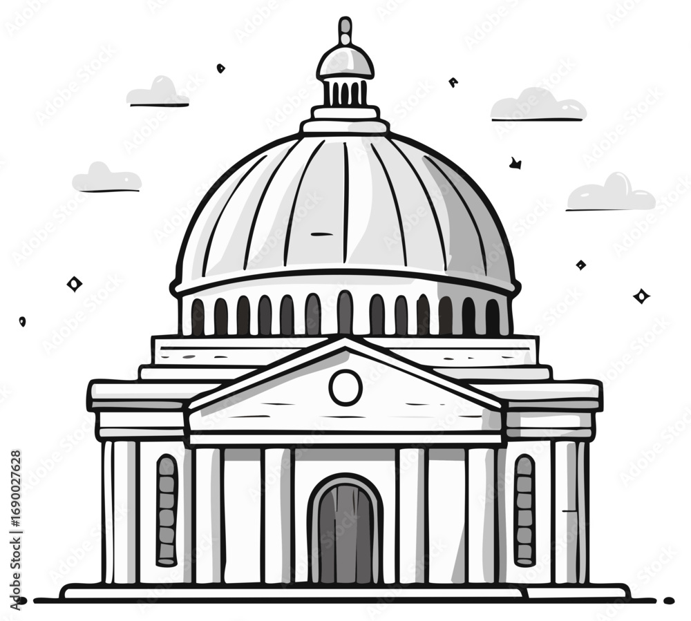 Obraz premium Hand drawn illustration of a classic domed government building with columns and clouds in the sky