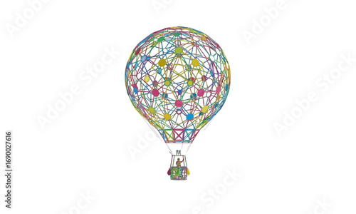 A colorful hot air balloon with a complex web design and a basket with people on a white background