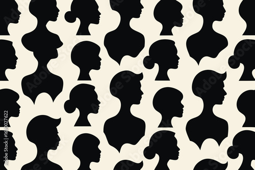 Black and White Silhouette Pattern Diverse Profile Portraits of People Against a Beige Background