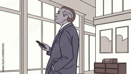 Businessman using smartphone in modern interior waiting pensive expression large windows minimalist design professional contemplative mood.