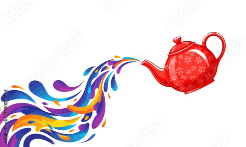 A red teapot pouring a colorful stream of liquid with blue purple and yellow hues on a white background