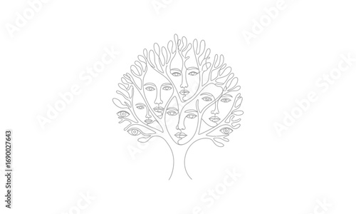 Illustration of a tree with branches forming faces and eyes, rendered in a minimalist line art style design