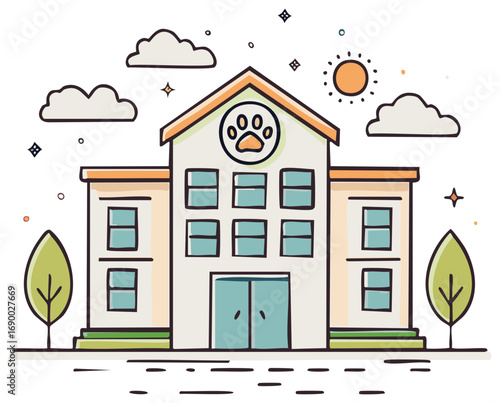 Whimsical Vector Illustration of Animal Care Center Building with Paw Print Logo and Decorative Clouds