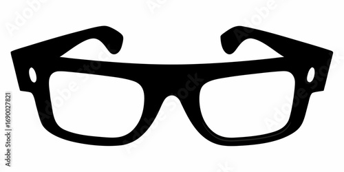 A black and white image of a pair of glasses with a thick frame and clear lenses on a white background | editable eps vectors silhouette