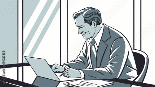 Businessman working on laptop office illustration professional corporate desk documents computer technology success career job workday employee manager executive businessman adult man workplace indoo.