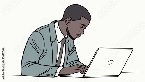 Businessman working on laptop professional office computer technology illustration design graphic digital art worker employee man suit tie desk job career businessman portrait businessperson concentr.