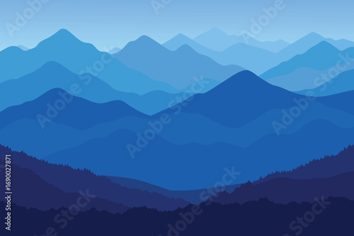 Blue Layered Mountain Range Landscape Illustration, Misty Hills and Forest Silhouette