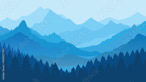 Blue Layered Mountain Ranges with Pine Forest Silhouettes, Gradient Sky Background