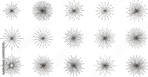 Collection of vintage-style sunburst designs, various shades of gray.