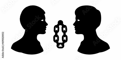 Silhouette of two heads facing each other with a chain in the middle on a white background view | editable eps vectors