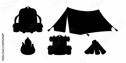 Silhouette illustration of camping equipment including tent backpacks and campfire in black and white style | editable eps vectors