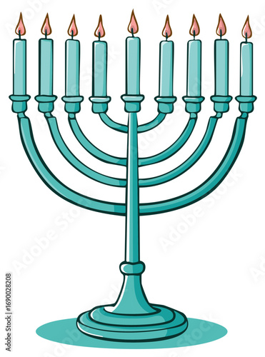 Cartoon teal hanukkiah menorah with lighted candles celebration jewish tradition symbol religion