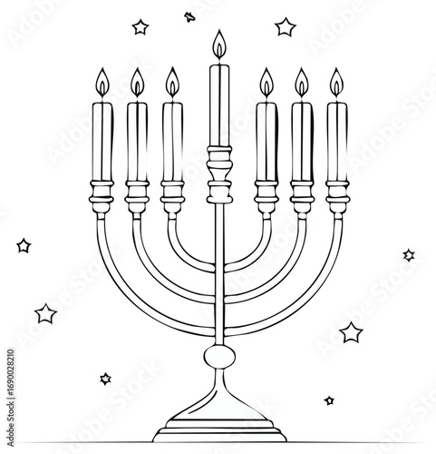 Menorah Illustration with Burning Candles and Stars, Hand Drawn Line Art Holiday Graphic Symbol Vector Design Element