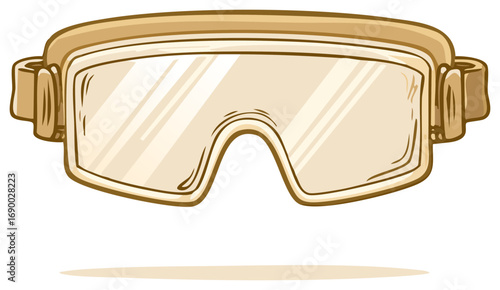 Illustrated pair of protective eye glasses or goggles with tinted lenses and strap connectors
