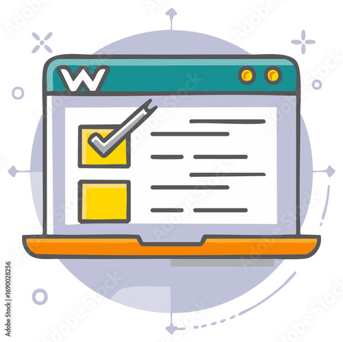 Online checklist completed on laptop screen with check mark in yellow box for digital task management