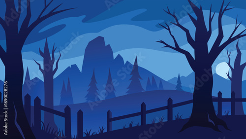 Blue Toned Landscape Silhouette Trees, Mountain Range, Spooky Fence, and Full Moon Illustration