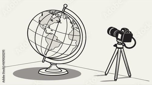 Camera on tripod photographing a globe illustration travel exploration world map photography equipment vector graphic.