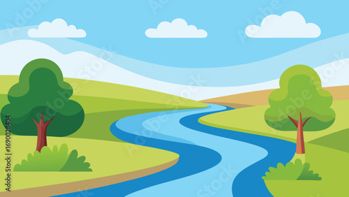 Calm River Flowing Through Green Fields with Trees and Cloudy Sky Illustration