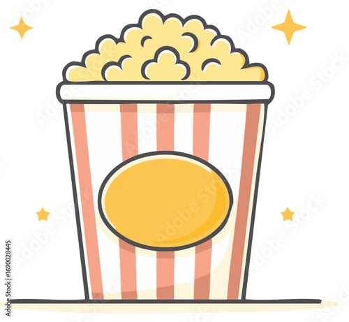 Isolated cartoon bucket full of popcorn with stripes and stars for cinema or movie night concept.