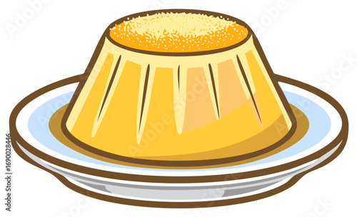 Illustration of flan dessert on a plate. Delicious sweet food with creamy custard and toppings.
