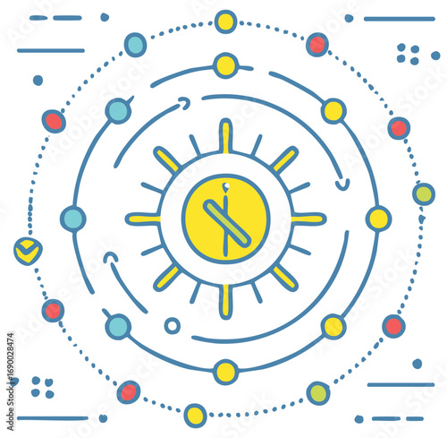 Creative doodle illustration of a time management system with a sun clock and orbital task chart