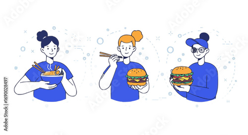 People Enjoying Various Foods Noodles, Burgers, and More - Food and Lifestyle Illustrations