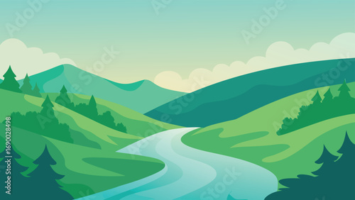 Calm River Flowing Through Green Hills and Mountains with Evergreen Trees Landscape