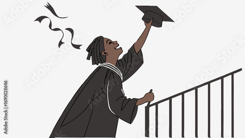 Celebrating Graduation Joyful Graduate in Cap and Gown Throwing Hat Illustration.
