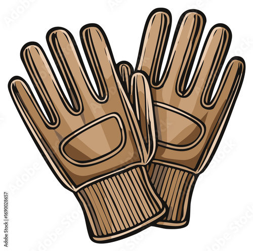 Pair of cartoon-style brown leather gloves with a textured cuff and finger holes