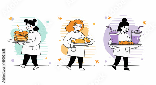 Illustrative depictions of individuals serving food items, showcasing culinary and service 