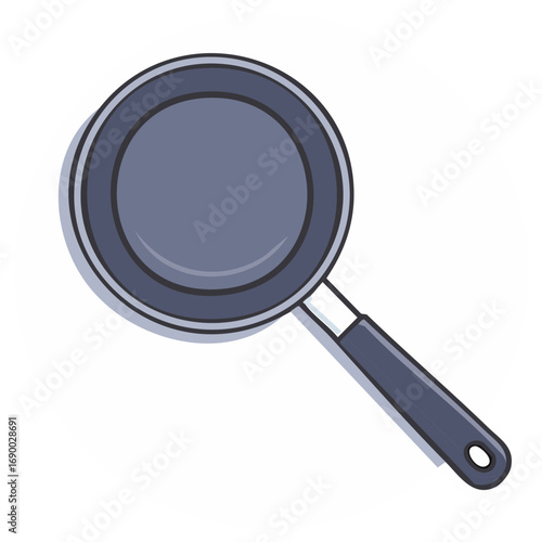 Simple illustration of a dark gray frying pan with a handle on a white background