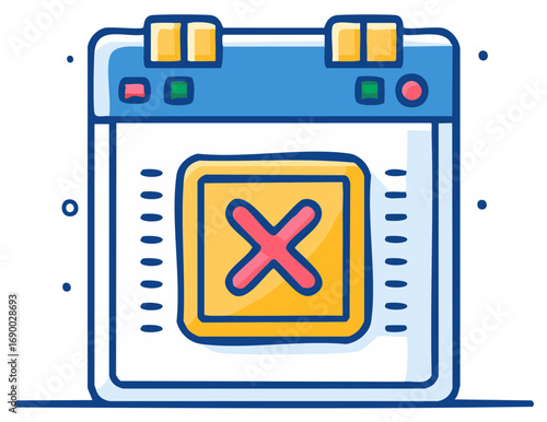 Cartoon illustration of a calendar icon with an X mark on the date, canceled, cancel