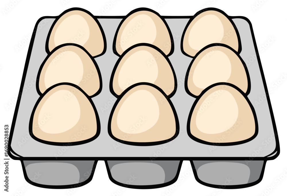 Cartoon illustration of a gray egg carton holding nine light brown eggs