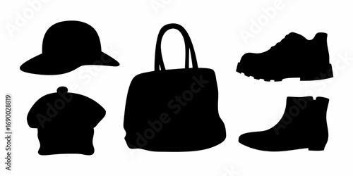 Silhouette depiction of two hats a handbag a sneaker and a boot all in a stark black color scheme | editable eps vectors