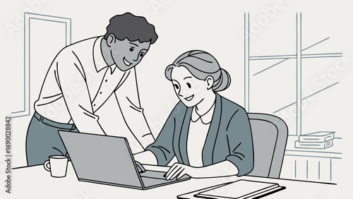 Collaboration teamwork office workers using laptop business meeting mentoring professional assistance help guidance support training computer technology colleagues partnership cooperation productivit.