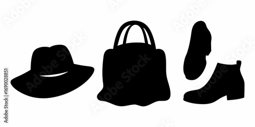 Silhouette of a hat a handbag a slipper and a boot arranged side by side on a white background view | editable eps vectors