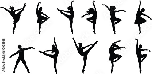 Ballet dancer silhouette, ballerina performing, elegant dance poses, contemporary choreography, stage performance, graceful movement, dance art, artistic expression, classical ballet, modern