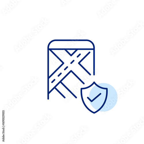 Safe travel planning, authenticated directions, compliant geographic information, reliable location guidance. Phone, map with shield and checkmark. Pixel perfect, editable stroke vector icon