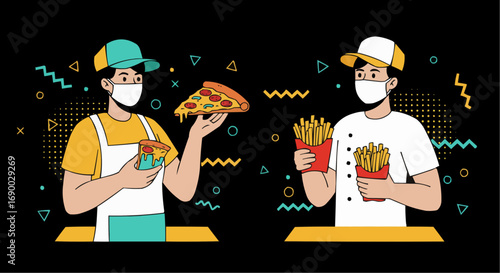 Fast Food Workers with Pizza and Fries, Protected with Masks