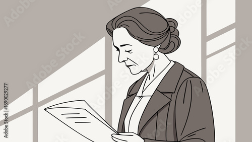 Elegant Woman Reading Documents Professional Business Illustration Monochrome Style.