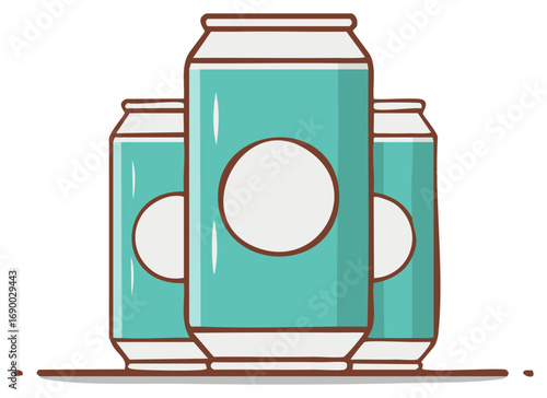 Illustration of three turquoise beverage cans with white circular labels lined up on a brown surface