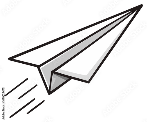 Simple black and white line art illustration of a flying paper airplane with motion lines