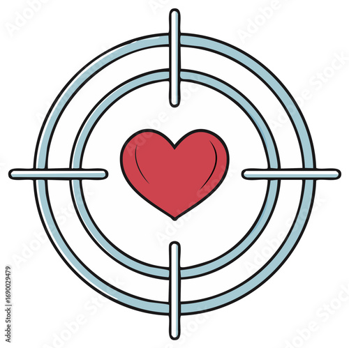 Red heart at the center of a target crosshair symbol for love and romance