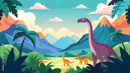 Cartoon Dinosaur Family in Tropical Landscape Illustration with Mountains and Palm Trees Design
