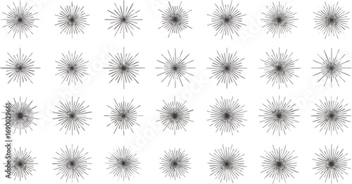 Thirty abstract geometric starburst shapes with fine radiating lines creating a complex pattern in a grid.