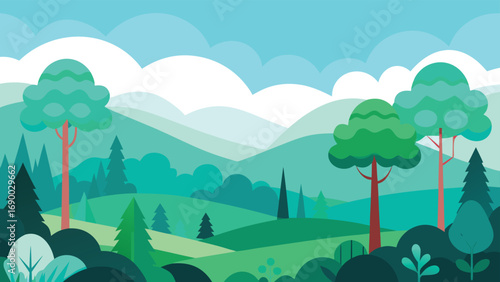 Cartoon Forest Illustration Green Hills, Trees, Clouds, Sky, Art Landscape Background